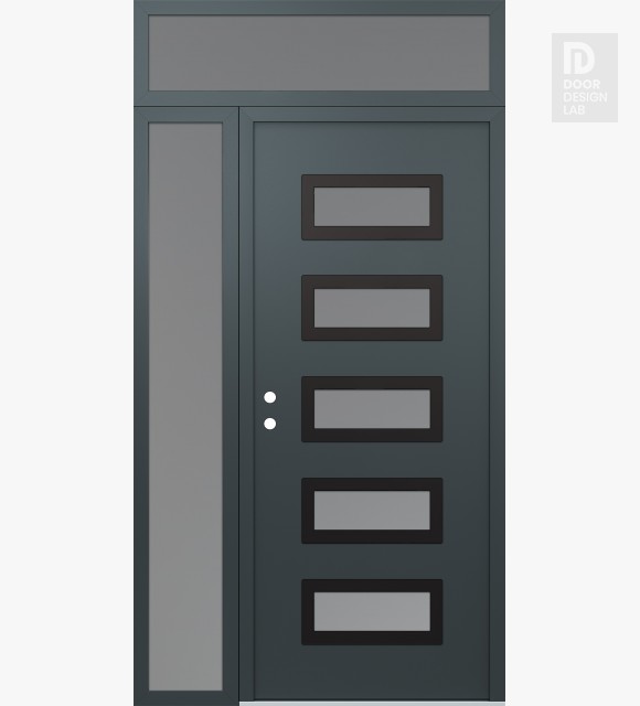 Modern Steel Front Door Diamond D1 52" x 96" anthracite/anthracite frosted Glass Panel black RHI with Sidelite and Transom frosted Glass