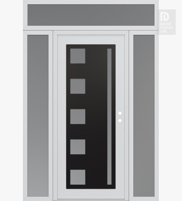 Modern Steel Front Door Diamond C3 60" x 96" white/white frosted Glass Panel black LHI with 2 Sidelites and Transom frosted Glass