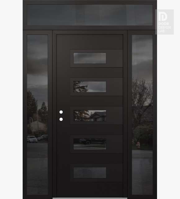 Modern Steel Front Door Diamond D3 64" x 96" black/black mirrored Glass Panel black RHI with 2 Sidelites and Transom mirrored Glass