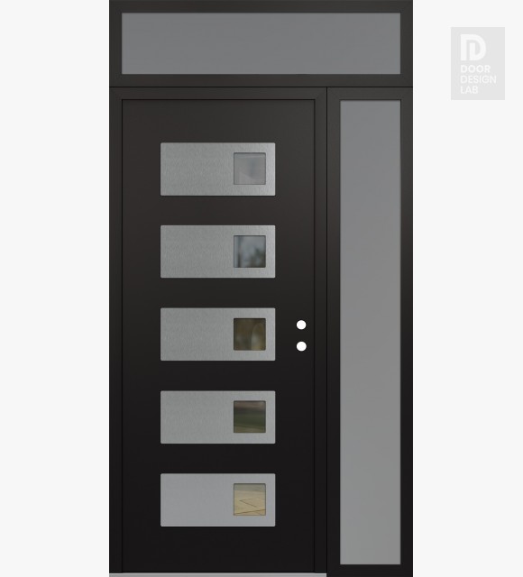 Modern Steel Front Door Diamond D2 48" x 96" black/black clear Glass Panel stainless steel LHI with Sidelite and Transom frosted Glass