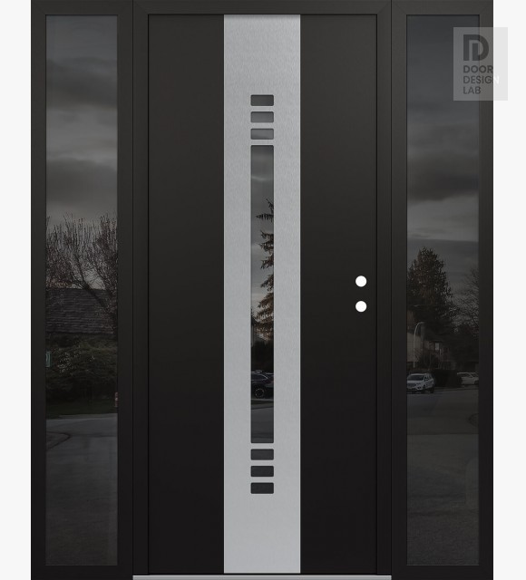 Modern Steel Front Door DIAMOND A5 64" X 80" BLACK/BLACK MIRRORED GLASS PANEL STAINLESS STEEL LHI WITH 2 SIDELITES MIRRORED GLASS