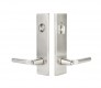 EMTEK MODERN RECTANGULAR TWO-POINT, DUMMY, PAIR WITH HANOVER LEVERS 5312 SINGLE CYLINDER SATIN NICKEL US15 for Steel Front Doors