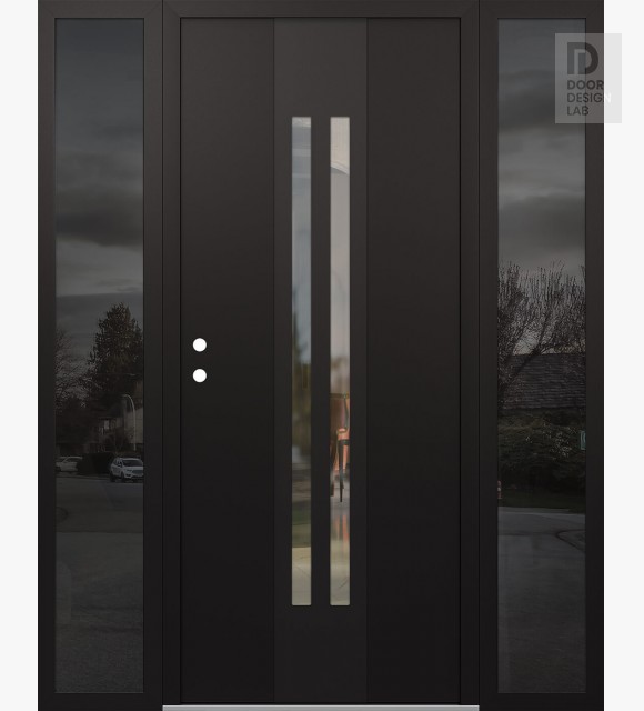 Modern Steel Front Door DIAMOND A8 68" X 80" BLACK/BLACK CLEAR GLASS PANEL BLACK RHI WITH 2 SIDELITES MIRRORED GLASS