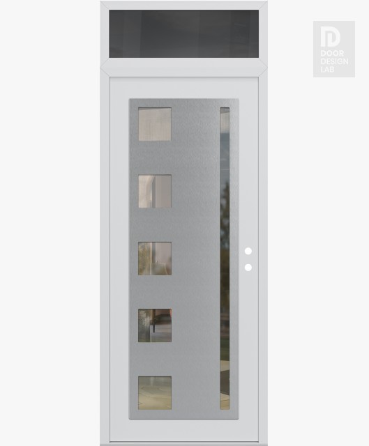 Modern Steel Front Door Diamond C3 36" x 96" white/white clear Glass Panel stainless steel LHI with Transom mirrored Glass