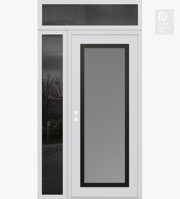 Modern Steel Front Door Diamond C1 52" x 96" white/white frosted Glass Panel black RHI with Sidelite and Transom mirrored Glass