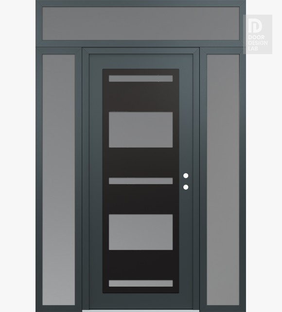 Modern Steel Front Door Diamond C10 64" x 96" anthracite/anthracite frosted Glass Panel black LHI with 2 Sidelites and Transom frosted Glass