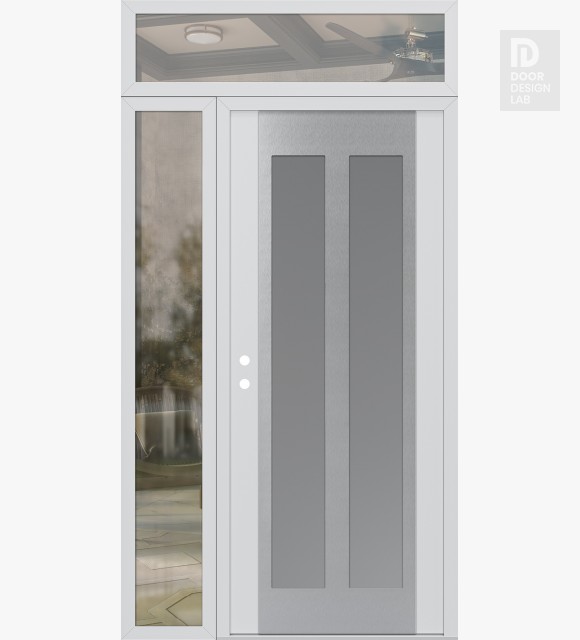 Modern Steel Front Door Diamond C14 50" x 96" white/white frosted Glass Panel stainless steel RHI with Sidelite and Transom clear Glass