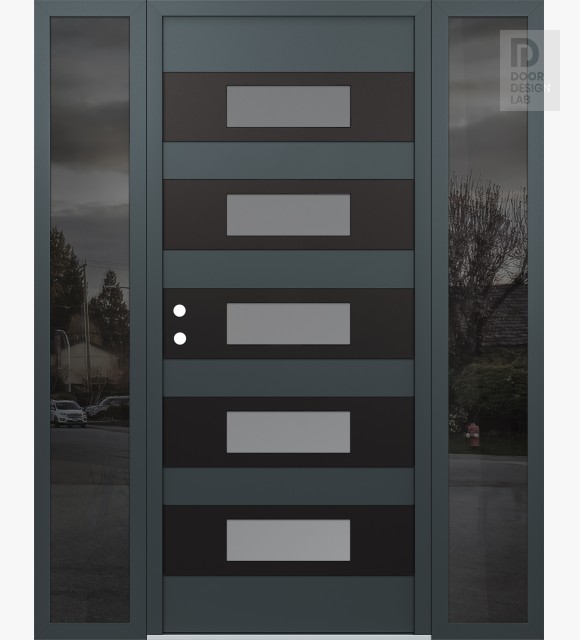 Modern Steel Front Door Diamond D5 60" x 80" anthracite/anthracite frosted Glass Panel black RHI with 2 Sidelites mirrored Glass