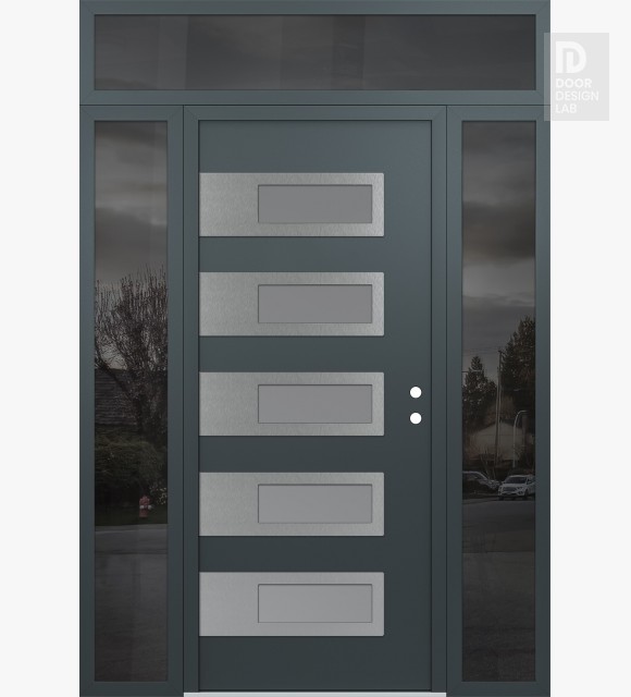 Modern Steel Front Door Diamond D3 68" x 96" anthracite/anthracite frosted Glass Panel stainless steel LHI with 2 Sidelites and Transom mirrored Glass