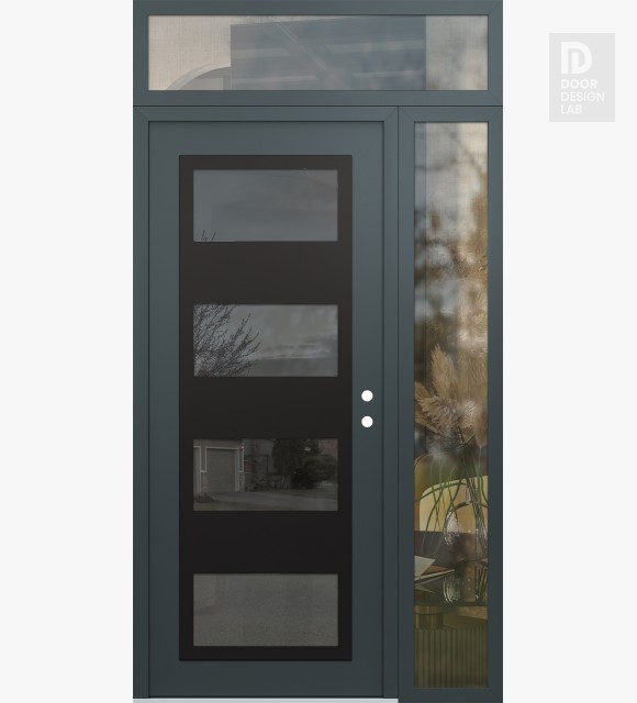 Modern Steel Front Door Diamond C2 52" x 96" anthracite/anthracite mirrored Glass Panel black LHI with Sidelite and Transom clear Glass