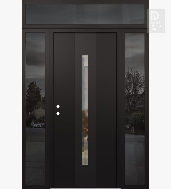 Modern Steel Front Door DIAMOND A2 64" X 96" BLACK/BLACK CLEAR GLASS PANEL BLACK RHI WITH 2 SIDELITES AND TRANSOM MIRRORED GLASS
