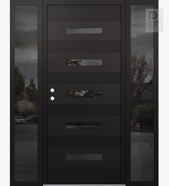 Modern Steel Front Door Diamond D9 68" x 80" black/black mirrored Glass Panel black RHI with 2 Sidelites mirrored Glass