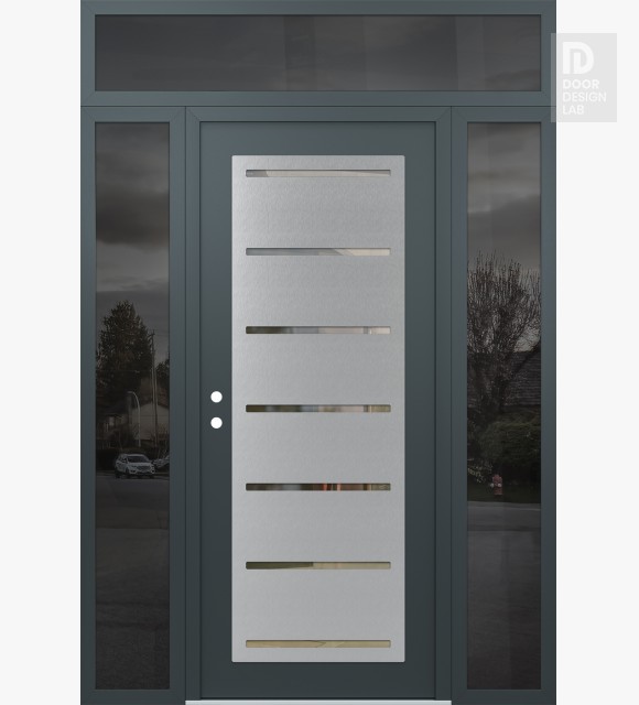 Modern Steel Front Door Diamond C11 60" x 96" anthracite/anthracite clear Glass Panel stainless steel RHI with 2 Sidelites and Transom mirrored Glass