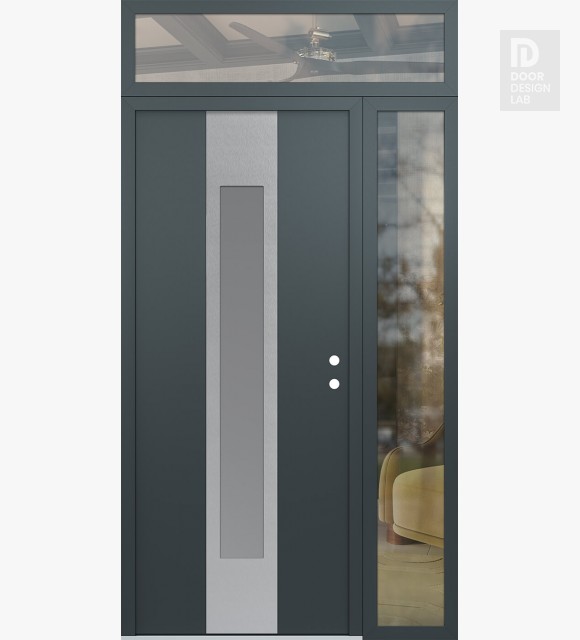 Modern Steel Front Door DIAMOND A1 48" X 96" ANTHRACITE/ANTHRACITE FROSTED GLASS PANEL STAINLESS STEEL LHI WITH SIDELITE AND TRANSOM CLEAR GLASS