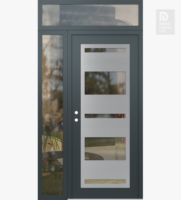 Modern Steel Front Door Diamond C10 48" x 96" anthracite/anthracite clear Glass Panel stainless steel RHI with Sidelite and Transom clear Glass