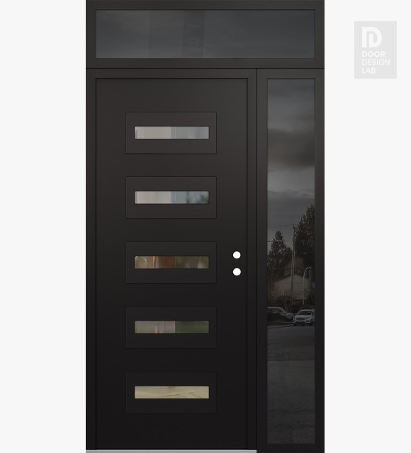 Modern Steel Front Door Diamond D4 48" x 96" black/black clear Glass Panel black LHI with Sidelite and Transom mirrored Glass