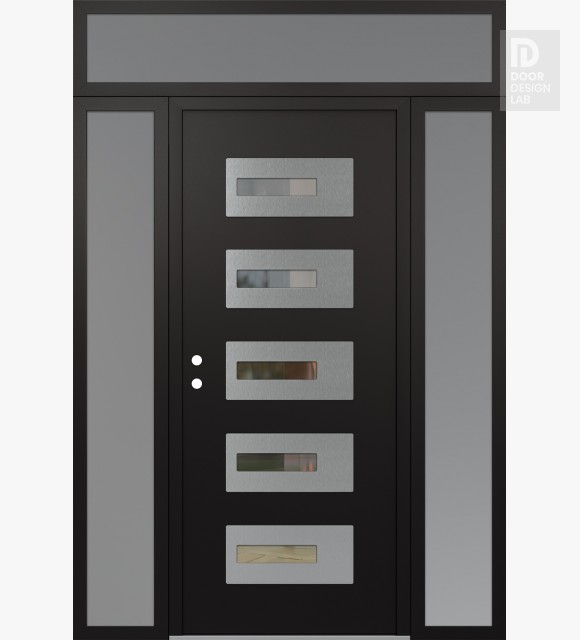 Modern Steel Front Door Diamond D6 60" x 96" black/black clear Glass Panel stainless steel RHI with 2 Sidelites and Transom frosted Glass