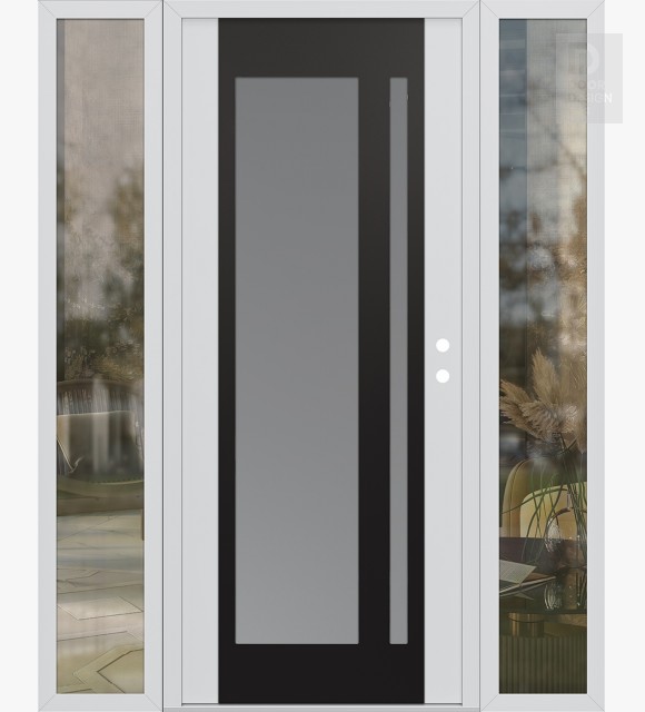 Modern Steel Front Door Diamond C15 68" x 80" white/white frosted Glass Panel black LHI with 2 Sidelites clear Glass