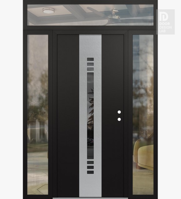 Modern Steel Front Door DIAMOND A5 64" X 96" BLACK/BLACK MIRRORED GLASS PANEL STAINLESS STEEL LHI WITH 2 SIDELITES AND TRANSOM CLEAR GLASS