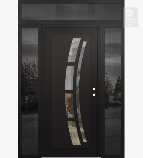 Modern Steel Front Door Diamond C12 60" x 96" black/black clear Glass Panel black LHI with 2 Sidelites and Transom mirrored Glass