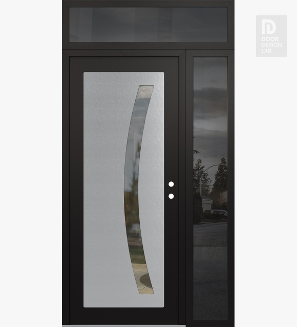 Modern Steel Front Door Diamond C4 52" x 96" black/black clear Glass Panel stainless steel LHI with Sidelite and Transom mirrored Glass