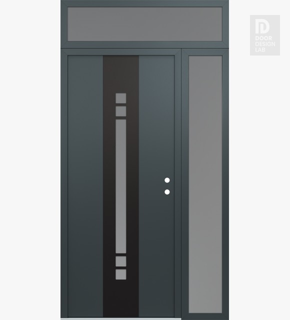 Modern Steel Front Door DIAMOND A4 52" X 96" ANTHRACITE/ANTHRACITE FROSTED GLASS PANEL BLACK LHI WITH SIDELITE AND TRANSOM FROSTED GLASS