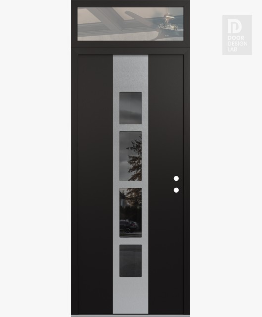 Modern Steel Front Door DIAMOND A10 36" X 96" BLACK/BLACK MIRRORED GLASS PANEL STAINLESS STEEL LHI WITH TRANSOM CLEAR GLASS