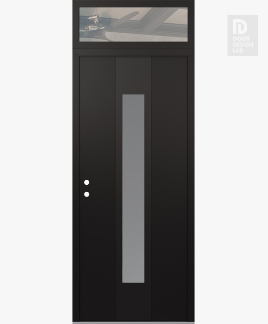 Modern Steel Front Door DIAMOND A1 36" X 96" BLACK/WHITE FROSTED GLASS PANEL BLACK RHI WITH TRANSOM CLEAR GLASS