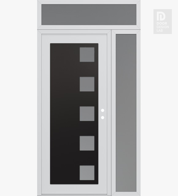 Modern Steel Front Door Diamond C5 52" x 96" white/white frosted Glass Panel black LHI with Sidelite and Transom frosted Glass