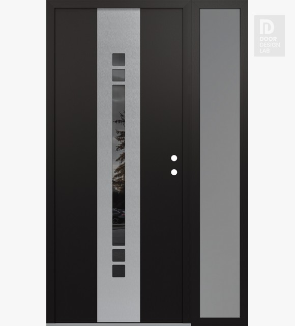 Modern Steel Front Door DIAMOND A4 52" X 80" BLACK/BLACK MIRRORED GLASS PANEL STAINLESS STEEL LHI WITH SIDELITE FROSTED GLASS