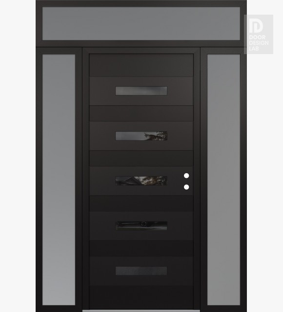 Modern Steel Front Door Diamond D9 60" x 96" black/black mirrored Glass Panel black LHI with 2 Sidelites and Transom frosted Glass