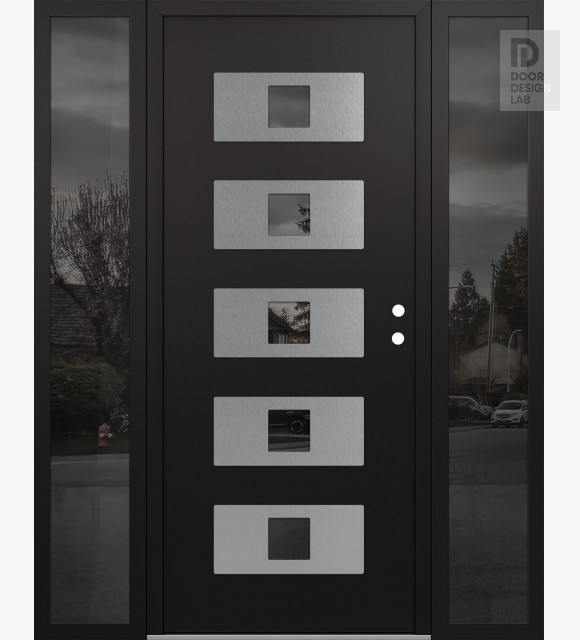 Modern Steel Front Door Diamond D8 68" x 80" black/black mirrored Glass Panel stainless steel LHI with 2 Sidelites mirrored Glass