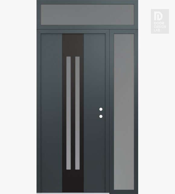 Modern Steel Front Door DIAMOND A8 52" X 96" ANTHRACITE/ANTHRACITE FROSTED GLASS PANEL BLACK LHI WITH SIDELITE AND TRANSOM FROSTED GLASS