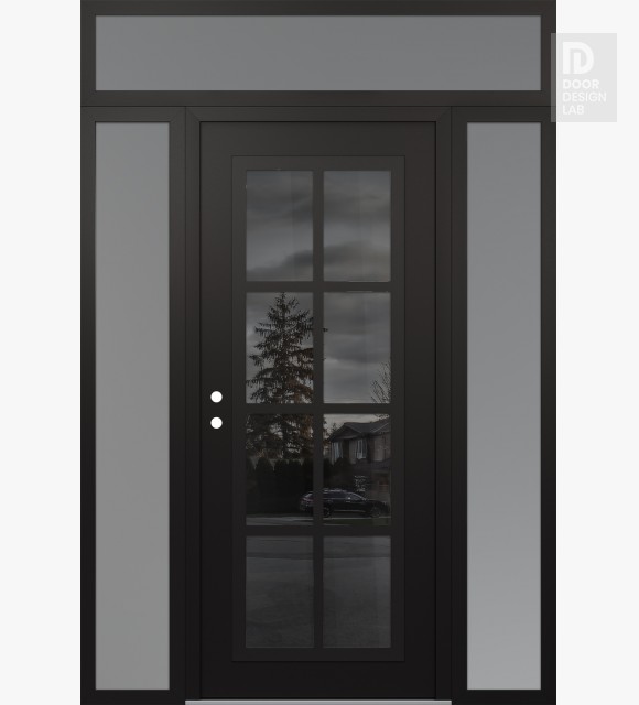 Modern Steel Front Door Diamond C16 64" x 96" black/black mirrored Glass Panel black RHI with 2 Sidelites and Transom frosted Glass
