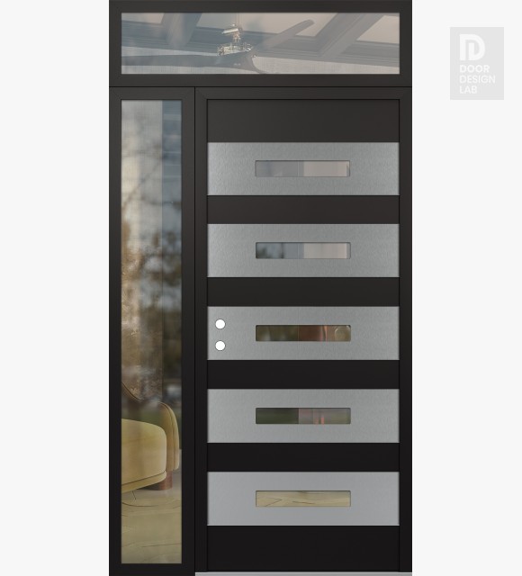 Modern Steel Front Door Diamond D9 48" x 96" black/black clear Glass Panel stainless steel RHI with Sidelite and Transom clear Glass