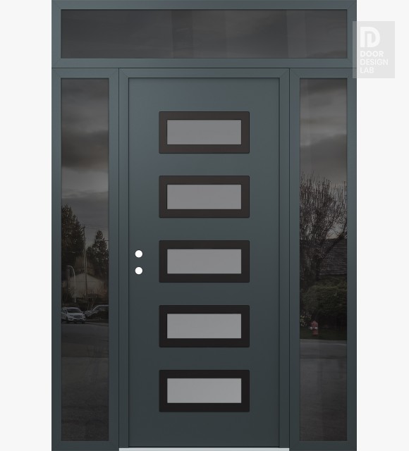 Modern Steel Front Door Diamond D1 64" x 96" anthracite/anthracite frosted Glass Panel black RHI with 2 Sidelites and Transom mirrored Glass