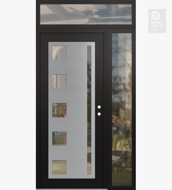 Modern Steel Front Door Diamond C3 52" x 96" black/black clear Glass Panel stainless steel LHI with Sidelite and Transom clear Glass