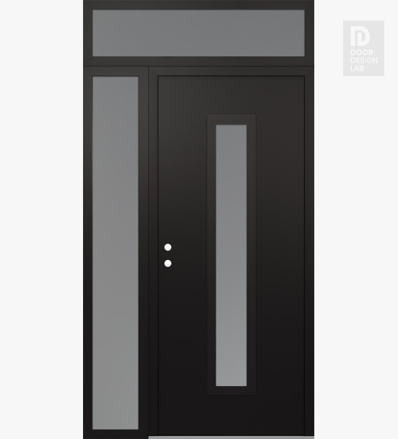 Modern Steel Front Door DIAMOND A11 48" X 96" BLACK/WHITE FROSTED GLASS PANEL BLACK RHI WITH SIDELITE AND TRANSOM FROSTED GLASS
