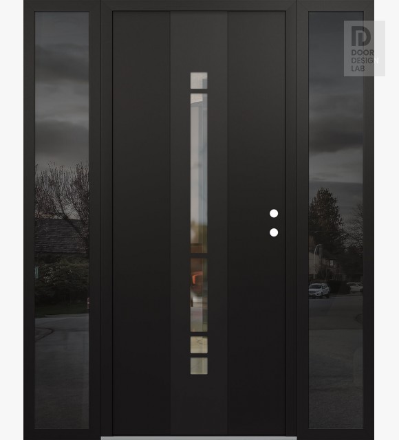 Modern Steel Front Door DIAMOND A3 60" X 80" BLACK/BLACK CLEAR GLASS PANEL BLACK LHI WITH 2 SIDELITES MIRRORED GLASS