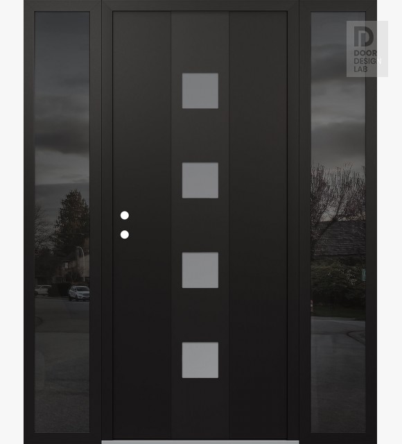 Modern Steel Front Door DIAMOND A12 64" X 80" BLACK/WHITE FROSTED GLASS PANEL BLACK RHI WITH 2 SIDELITES MIRRORED GLASS