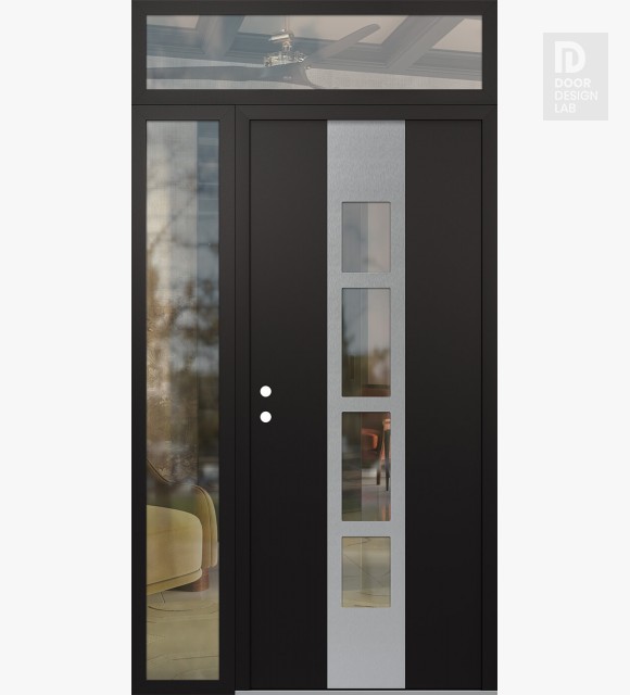 Modern Steel Front Door DIAMOND A10 50" X 96" BLACK/BLACK CLEAR GLASS PANEL STAINLESS STEEL RHI WITH SIDELITE AND TRANSOM CLEAR GLASS