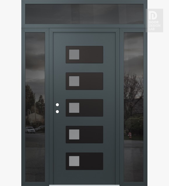 Modern Steel Front Door Diamond D2 64" x 96" anthracite/anthracite frosted Glass Panel black RHI with 2 Sidelites and Transom mirrored Glass