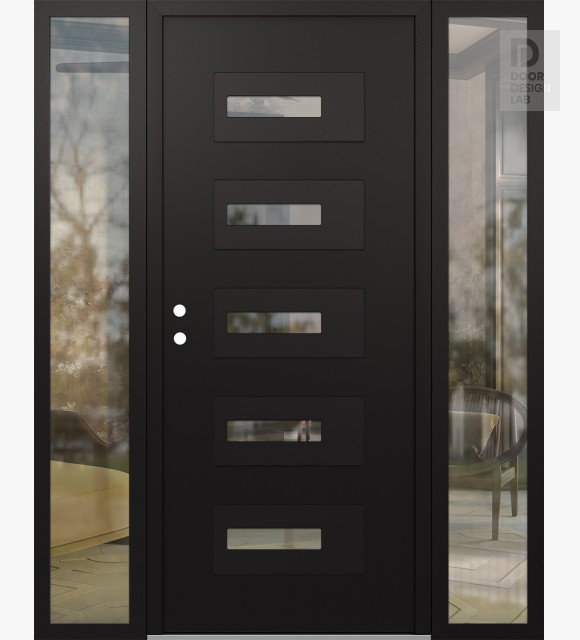 Modern Steel Front Door Diamond D6 64" x 80" black/black clear Glass Panel black RHI with 2 Sidelites clear Glass