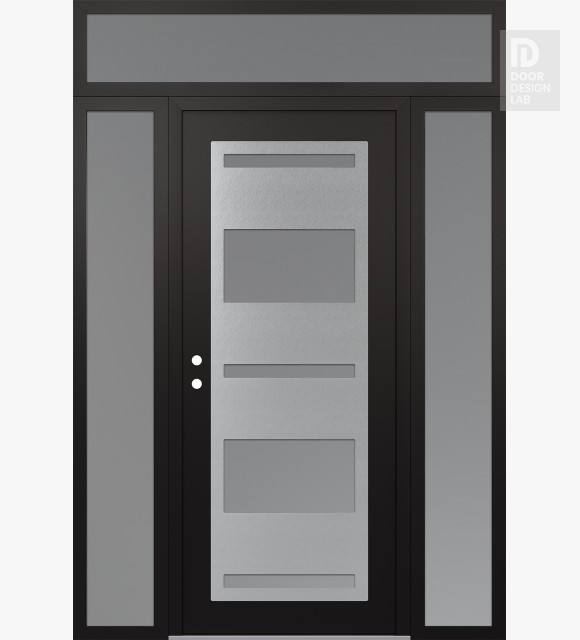 Modern Steel Front Door Diamond C10 68" x 96" black/white frosted Glass Panel stainless steel RHI with 2 Sidelites and Transom frosted Glass