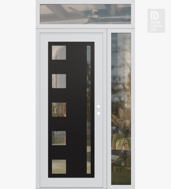 Modern Steel Front Door Diamond C3 50" x 96" white/white clear Glass Panel black LHI with Sidelite and Transom clear Glass