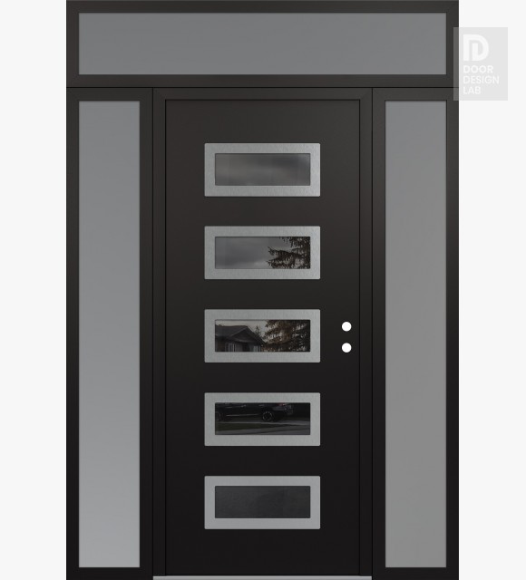 Modern Steel Front Door Diamond D1 60" x 96" black/black mirrored Glass Panel stainless steel LHI with 2 Sidelites and Transom frosted Glass