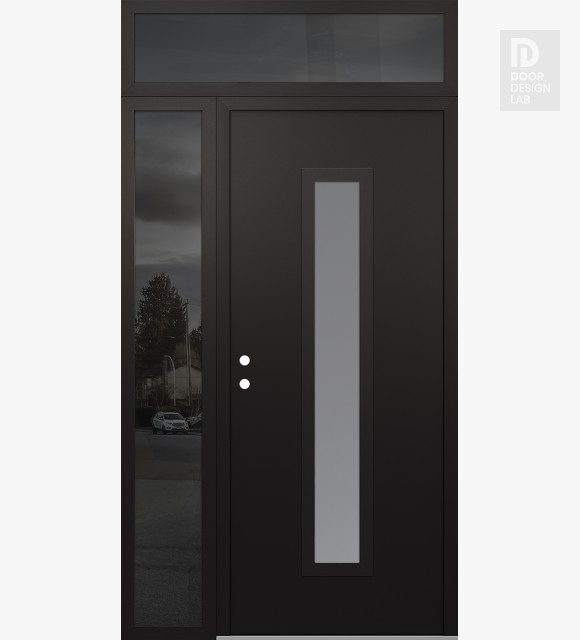 Modern Steel Front Door DIAMOND A11 48" X 96" BLACK/WHITE FROSTED GLASS PANEL BLACK RHI WITH SIDELITE AND TRANSOM MIRRORED GLASS
