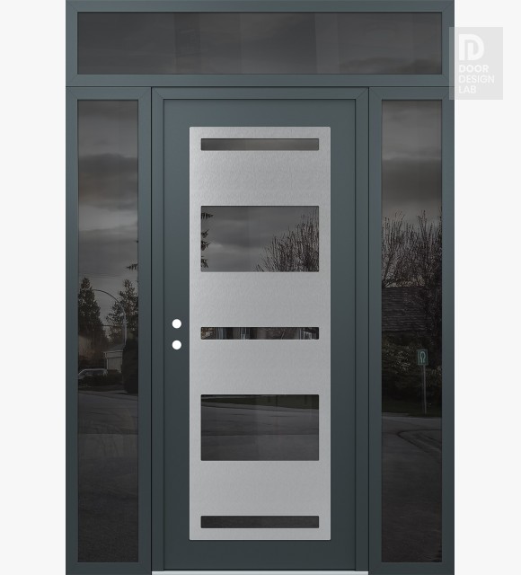 Modern Steel Front Door Diamond C10 64" x 96" anthracite/anthracite mirrored Glass Panel stainless steel RHI with 2 Sidelites and Transom mirrored Glass
