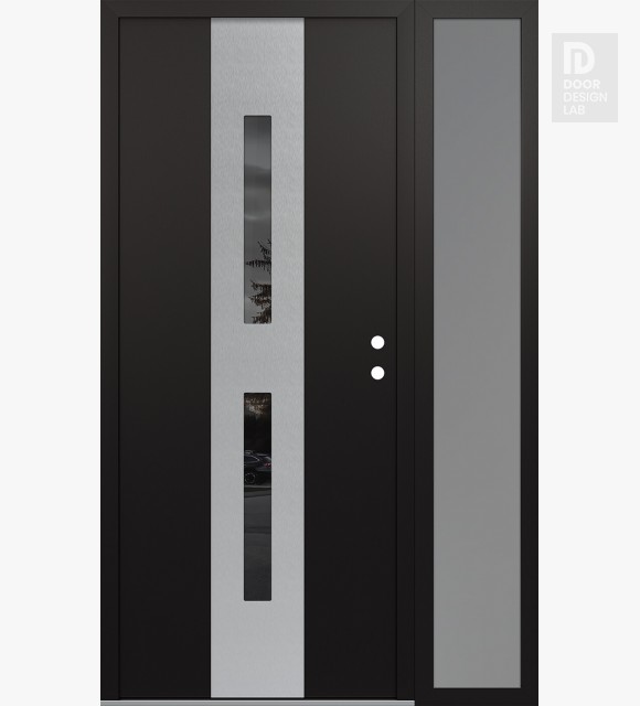 Modern Steel Front Door DIAMOND A6 50" X 80" BLACK/BLACK MIRRORED GLASS PANEL STAINLESS STEEL LHI WITH SIDELITE FROSTED GLASS
