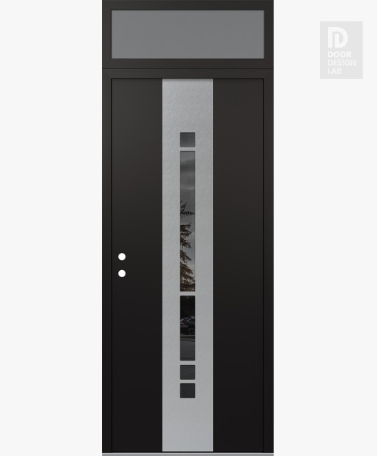 Modern Steel Front Door DIAMOND A3 36" X 96" BLACK/BLACK MIRRORED GLASS PANEL STAINLESS STEEL RHI WITH TRANSOM FROSTED GLASS